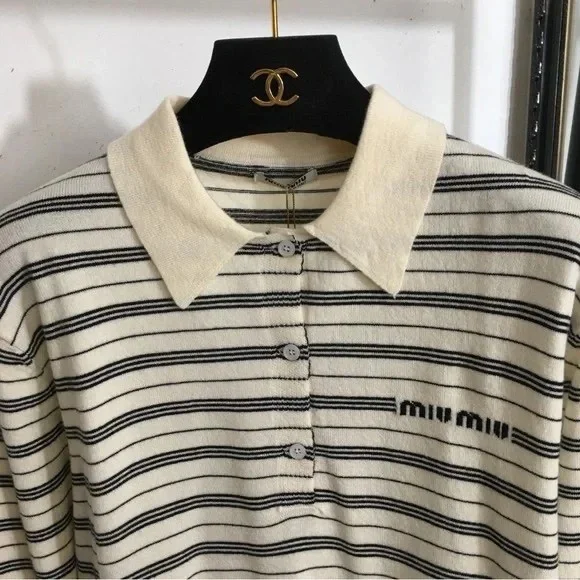 Miu Miu Cream and Black Striped Polo Sweater - Picture 3 of 7